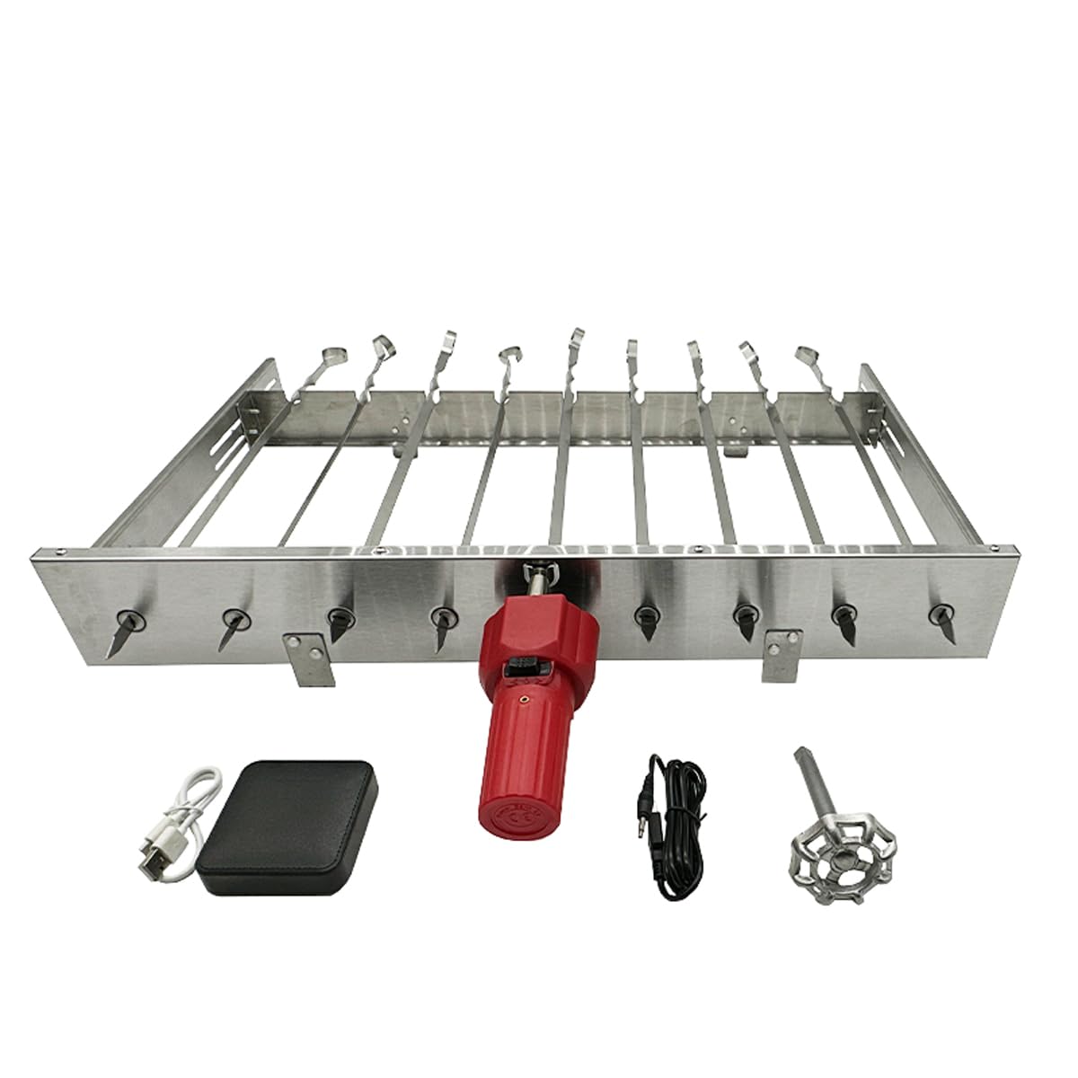 Set di barbecue per shish kebab XXL Olymp 9, griglia per barbecue, 9 spiedini, power bank, motore, griglia per shish kebab, mangal + manovella manuale