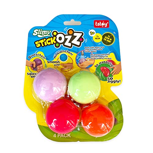 Tatoy Slimy StickOzz 4er Pack - 2 x Neon und 2 x GID Klebebälle zum Drücken, Quetschen und überall Hinwerfen, klebrige Spielbälle für Kinder, Sensory Antistress Fidget (ab 3 Jahre)
