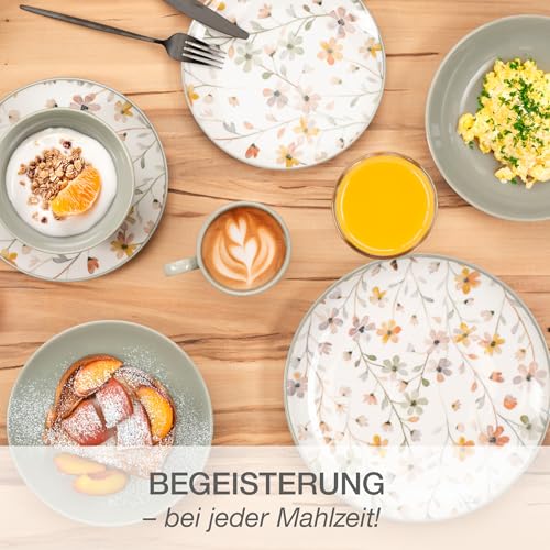 Moritz & Moritz PRIMAVERA Steingut Geschirrset 6 Personen 24-tlg. - Modernes Tafelservice mit verspieltem Design, Pflegeleichtes Kaffeeservice mit Teller Set, Schüsseln & Tassen - Kombiservice