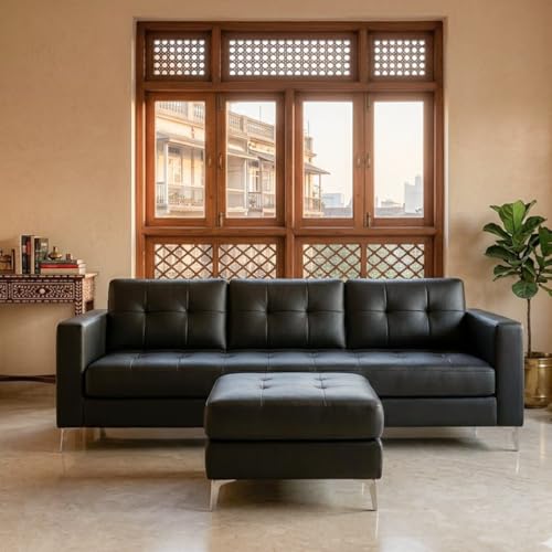 Image of CASASTYLE Creamoy 4 Seater L Shape Sofa Set with Movable Ottoman | Flexible Left or Right Layout | Premium Leatherette | Soft Touch Seating | Durable & Comfort Ideal Sofa for Living Room (Black)