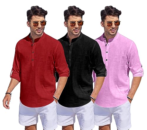 Image of Combo of Men Solid Cotton Blend Straight Kurta Shirt Pack of 3