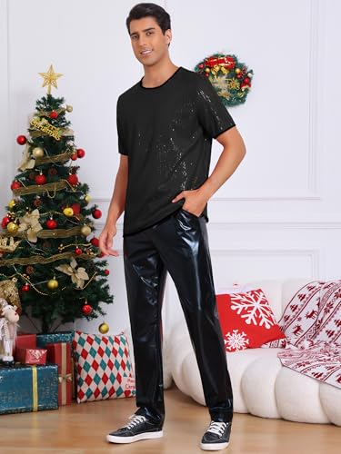 Lars Amadeus Sequin T-Shirts for Men's Metallic Top Short Sleeved Club Rave Party Sparkly Shirt4