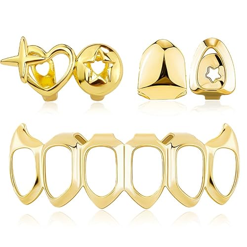 14K Gold Grillz Set,Reusable Open Face Hip Hop Fake Tooth Cap