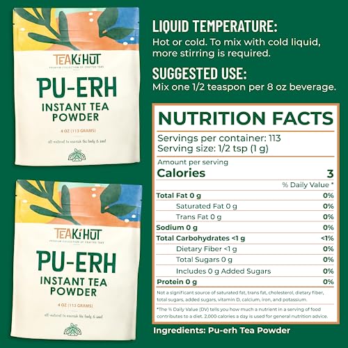 Teaki Hut Instant Tea Powder Bundle, Matcha Green Tea Powder 4Oz, Black Tea Powder 4Oz, Pu-Erh Tea Powder 4Oz, For Baking, Teas, Lattes, Smoothies, No Sugar Mixed Tea Pack, 113 Servings Per Pouch #TOP3