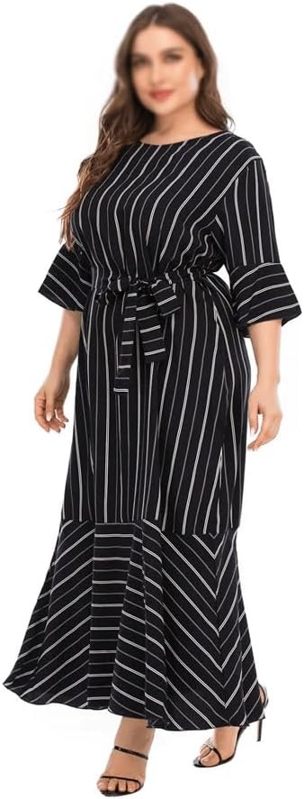 JSEIAJB Woman Dress Three Quarter Sleeve Striped Print Casual Dress Belted Patchwork Maxi Long Dresses