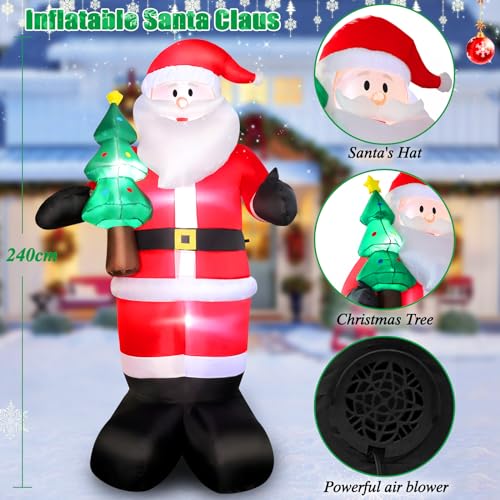 8FT Christmas Inflatable Santa Yard Decors, Blow Up Santa Claus with Christmas Tree in Hand & Green, Built-in Bright LED Lights for Holiday Display Lawn Garden Party Decorations
