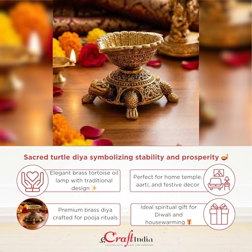 Image of eCraftIndia Brass Turtle Tortoise Diya for Pooja Traditional Diya for Temple Home Decor Oil Lamp for Aarti Gift for Diwali