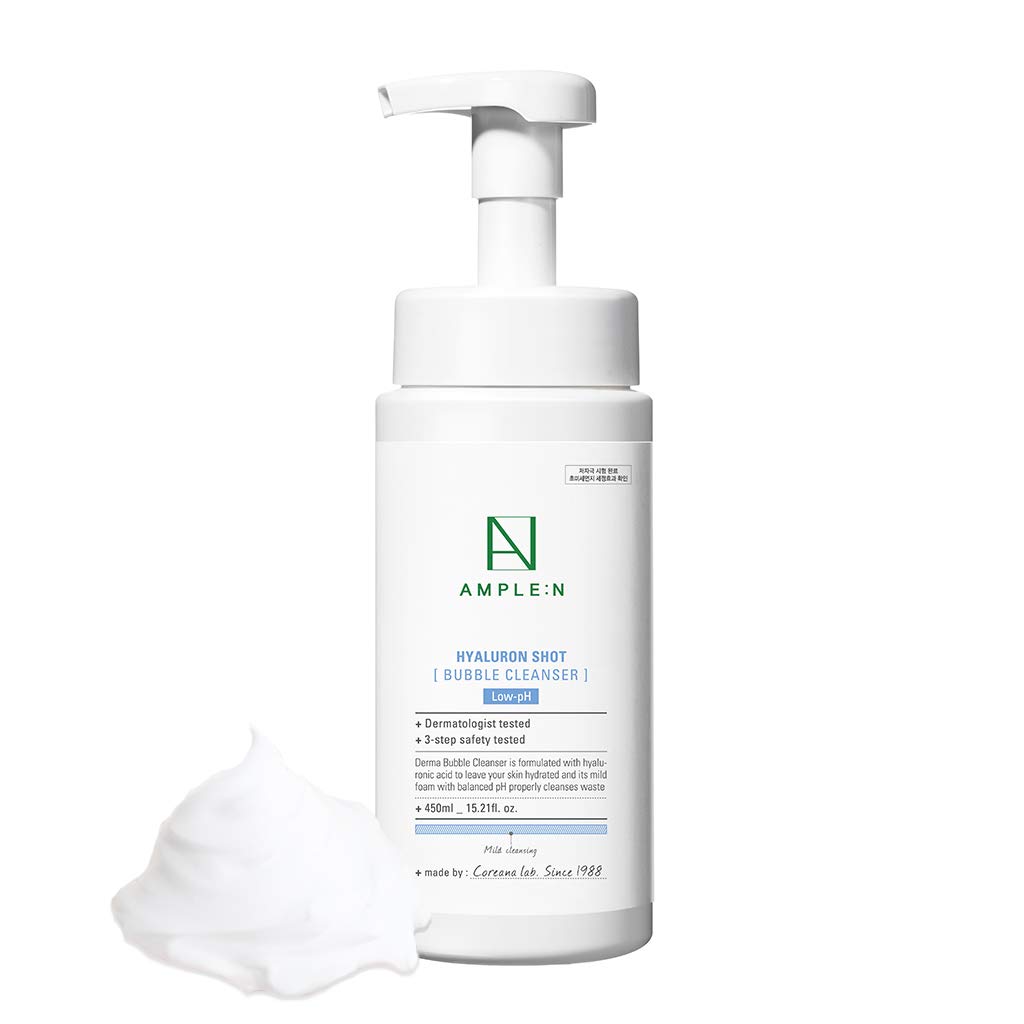 CORÉANA AMPLE:N Hyaluron Shot Bubble Cleanser – Korean Moisturizing Foaming Facial Cleanser with Hyaluronic Acid - Bubble Face Wash to Control Sebum - Oil Excretion and Refine Texture, 15.2 fl.oz.