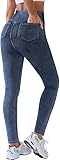 BRXL Skinny Jeans for Women Stretchy High Waisted Soft Crossover Jeggings Cute Cotton Denim Leggings with Back Pockets Tufts Blue L