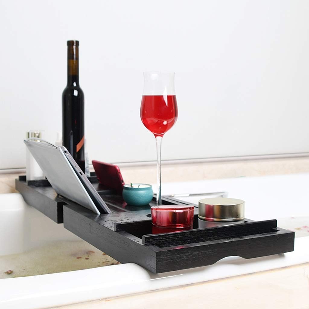 Tray Bamboo Bathtub Caddy Punch Tray Free Bathtub Tray Rack with Tablet Holder Extending Sides Wine Glass Holder Rack Non-Slip Bathroom Rack Organizer (Color : A)