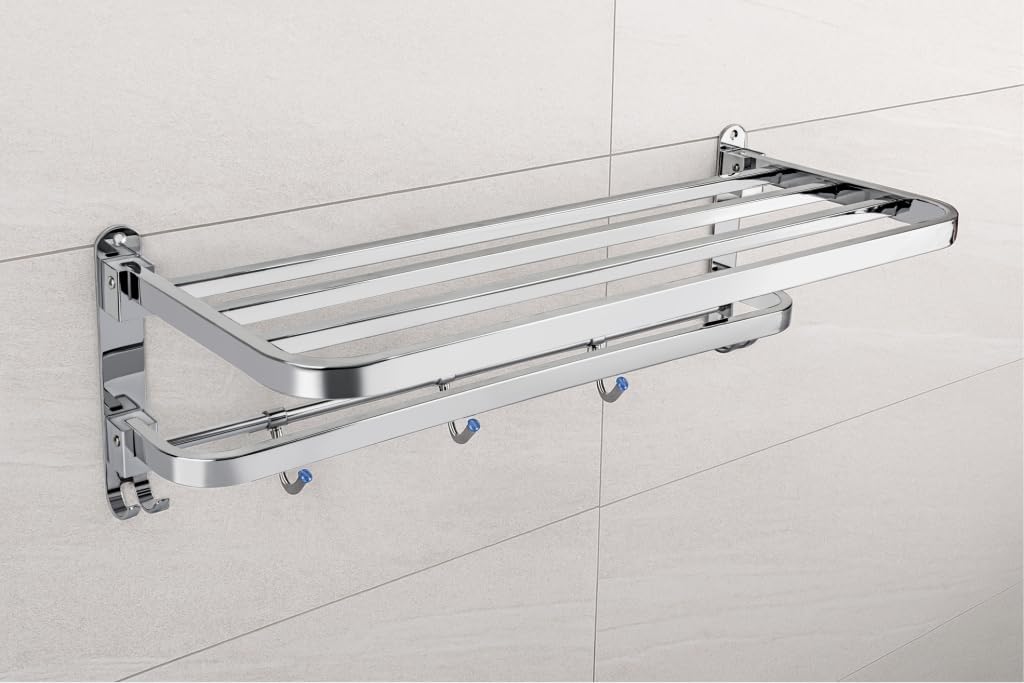 24 Inches Stainless Steel Dual Folding Towel Rack | Shelf | Holder | Bathroom Towel Hanger Stand Bathroom Accessories (Chrome Finish) 4