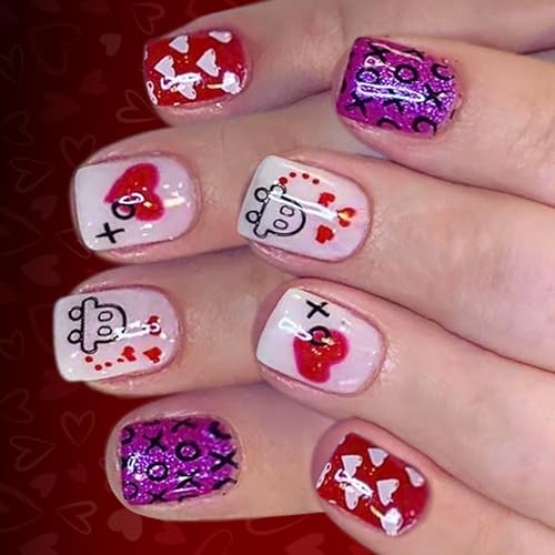 Uñas postizas brillantes para el día de San Valentín con diseño de corazones blancos de amor, 24 piezas cuadradas cortas para citas, día de San Valentín, uñas postizas con purpurina