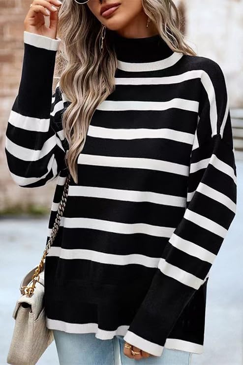 Image of Women's Turtleneck Oversized Sweaters Long Sleeve Split Hem Striped Knit Pullover Tops