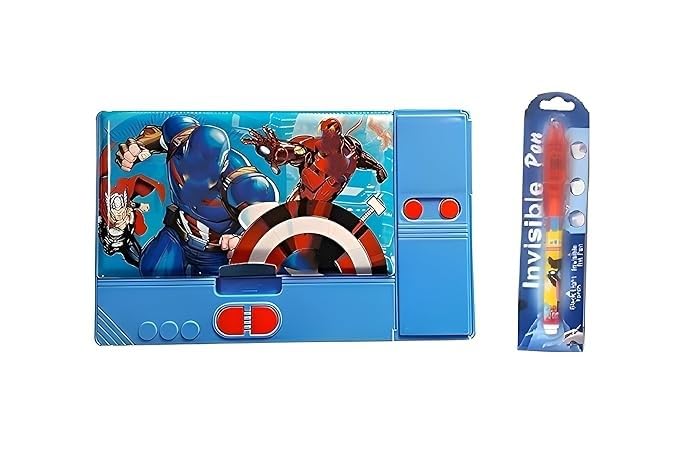 YBN Plastic Big Size Multifunction Super Hero Theme Jumbo Pencil Box For Kids Boys, Push Button Pencil Box For Boys, Return Gifts For Kids (Blue) - With Free 1 Invisible Writing Light Pen