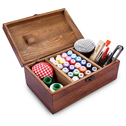 Caja de costura de madera retrospectiva que incluye los accesorios del kit de costura, Muzee Cesta retra del organizador de costura elegante del estilo retro de Wozee