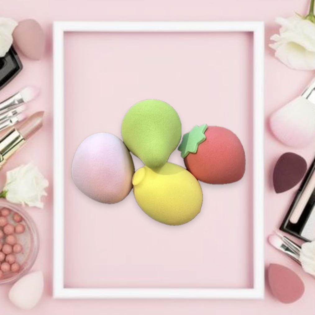 Deluxe Fruit-Inspired Beauty Blender Set | Exquisite Latex-Free Premium Cosmetic Sponges | Lemon, Peach, Avocado, and Strawberry shapes | Great for Cream, Powder, and Foundation | Vegan, Cruelty Free