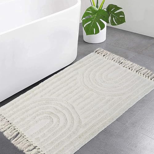 Image of LEEVAN Boho Bathroom Rugs 2'x3', Handmade Washable Beige Bath Mat with Tassels, Bohemian Kitchen Runner, Farmhouse Cotton Entryway Rug for Bedroom/Laundry Room Accent Woven Throw Rug