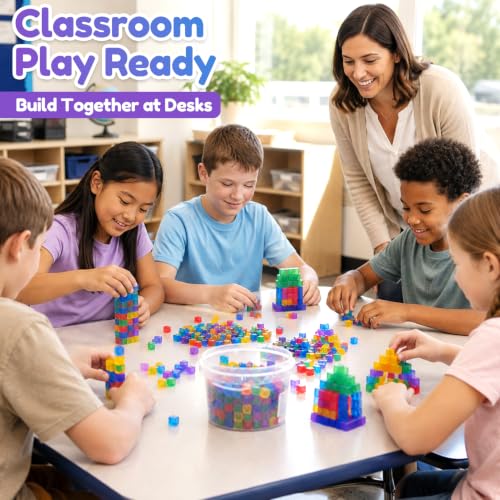 Image of LESONG Mini Sticky Stacking Cubes for Kids: 300 PCS Bulk Classroom Sharing Set, Washable Squishy Sensory Building Toy with Storage Bucket, 0.39 Inch Cubes for Group Play, Sorting, 2D & 3D Builds