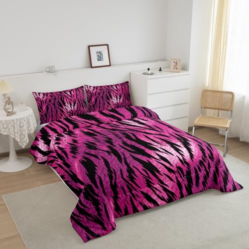 Image of Feelyou Zebra Stripe Comforter Set King Kids Boys Girls Hot Pink Zebra Bedding Set Wild Animal Bedding Set Skin Fur Print Duvet Set 3Pcs
