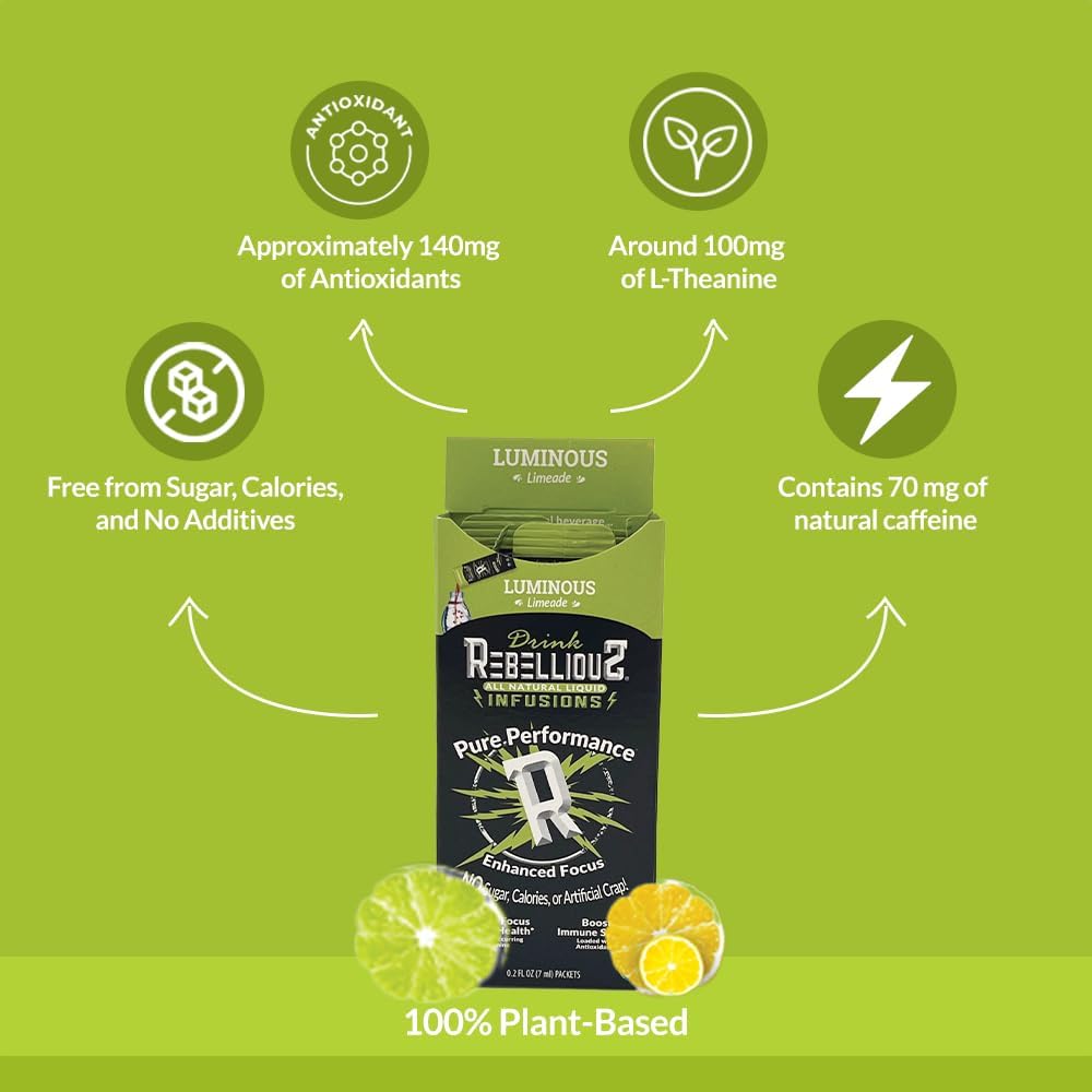 Rebellious Luminous Limeade Organic Drink Mix – Zero Calorie Energy Drink Mix | Monk Fruit & Green Tea Extract | L-Theanine + Natural Caffeine | 100% Plant-Based | Pack of 10 | Keto,Gluten-Free - Image 6