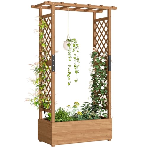 Outsunny Hochbeet mit Rankgitter & hängendem Dach, Holz Blumenkasten mit Rankhilfe Ablauflöchern, Pflanzkasten für Kletterpflanzen & hängende Körbe Pflanzkübel für Garten Balkon 110 x 44 x 181 cm