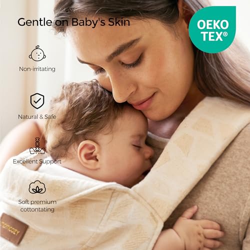 Image of Momcozy Newborn Carrier WeeSnug - Lightweight and Cozy Comfort for 7-25 lbs | Ergonomic Cross-Back Support and Lumbar Pad, Effortless to Put On, 100% Soft Cotton, OEKO-TEX, Visual Size Scale, Geometry