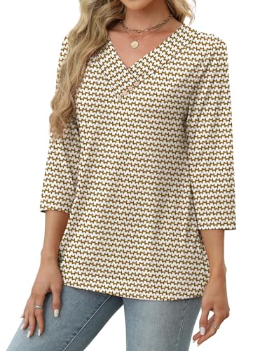 SAMPEEL V Neck Blouses for Women Dressy Casaul 3/4 Length Sleeve Womens Tops Button Down Shirts3