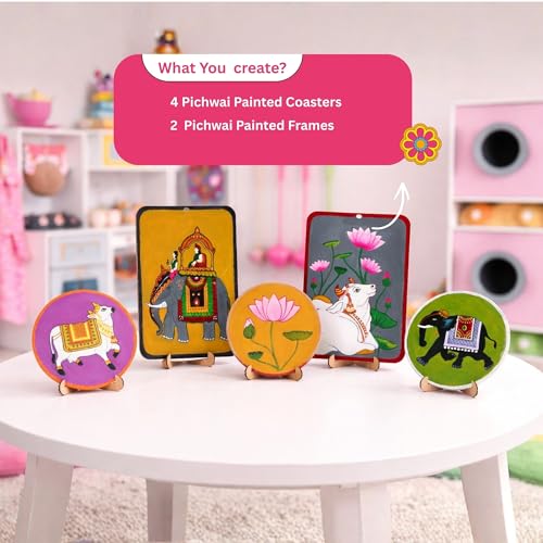 Image of Kores Pichwai Art Kit for Kids (Age 5+) | DIY MDF Painting Kit with Acrylic Colours, Coasters, Hangers, Brushes & Palette | Indian Traditional Art & Craft Set