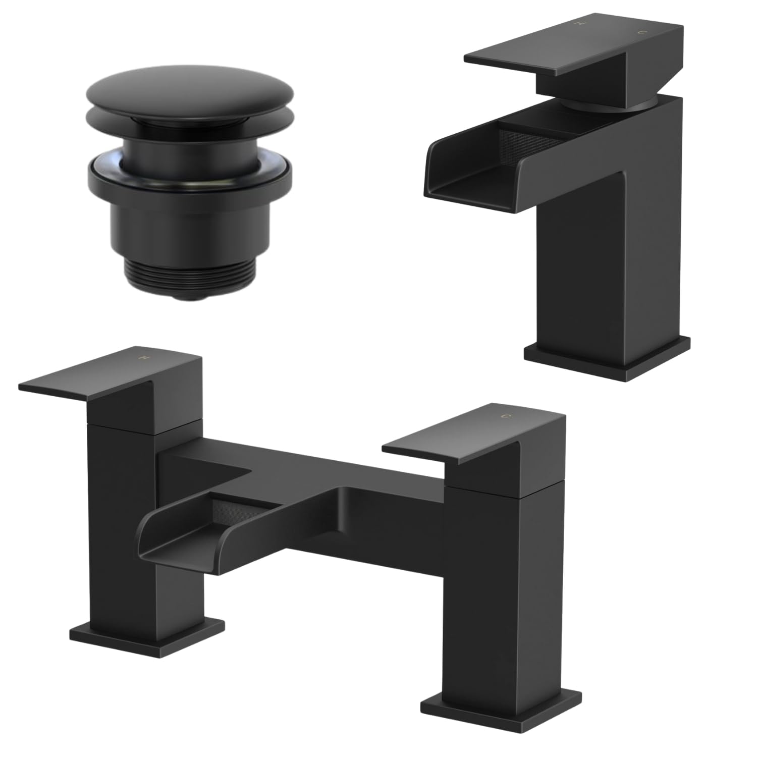 Architeckt® Dakota Bathroom Bath Filler Basin Sink Mixer Tap with Waste Set Waterfall Spout Modern Mono Square Lever Handle Faucet for Baths Sinks, Black