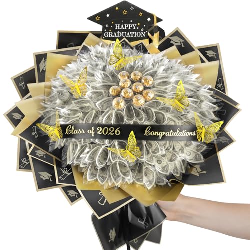 GRADESIN Class of 2026 Graduation Gift Graduation DIY Money Bouquet with Butterflies Floral Wrapping Papper Flower Bouquet Kit for Middle High School College DIY Grad Gift (Black Gold)