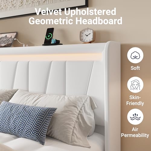 Image of Allewie Full Size LED Bed Frame with Charging Station, Velvet Upholstered Platform Bed with Geometric Wingback Headboard, Modern Frame with No Box Spring Needed, Easy Assembly, White
