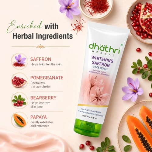 Image of Dhathri Herbal Whitening Face Wash with Saffron, Pomegranate, Bearberry & Papaya for Radiant & Glowing Skin | Lightens Dark Spots & Reduces Blemishes | Paraben & Alcohol Free for All Skin Types, 200ml