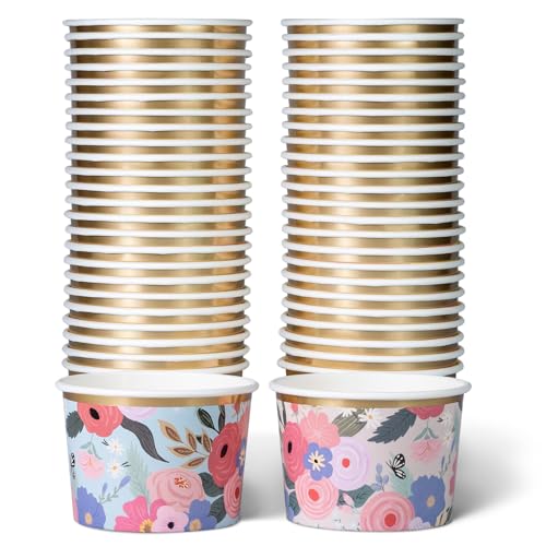 Prims & Flourish Disposable Paper Ice Cream Cups and Soup Bowls 50-Count 9-oz Blue Bloom & Blush Garden Floral Designs Hot/Cold Paper Snack Cups Ice Cream Cups Disposable Soup Bowls Disposable