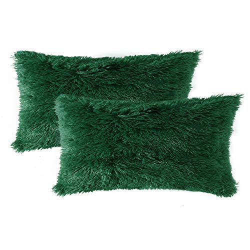 MIULEE Juego de 2 Cojines Protectores Faux Fur Throw Funda de cojín Deluxe Home Decorativo Cuadrados y Suaves Cojines PeloPara la Hogar Sofá Cama del Coche 12'x20'Inch 30x50cm Verde Oscuro