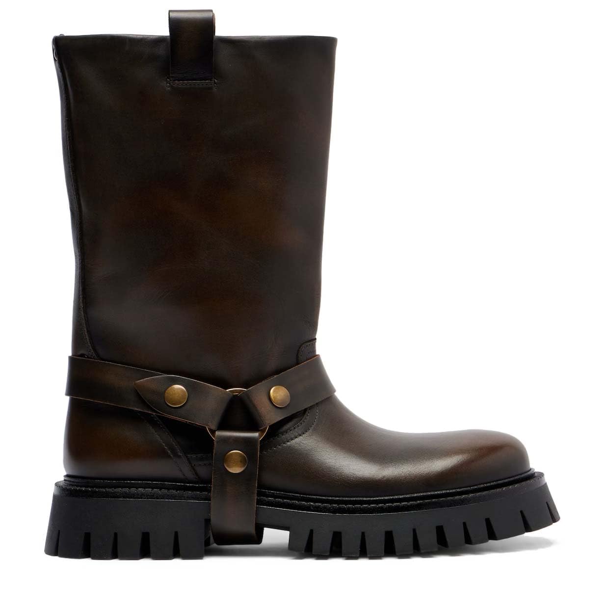 Womens Chunky Sole Leather Biker Boots Punk Ankle Strap Motorcycle Mid Calf Boots Round Toe Pull On Combat