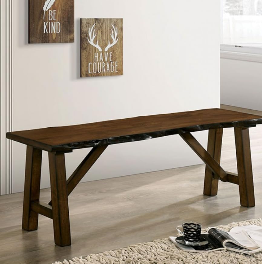 MASARA Rustic Solid Wood Dining Bench, Live Edge Design, Walnut Brown, Distressed Finish