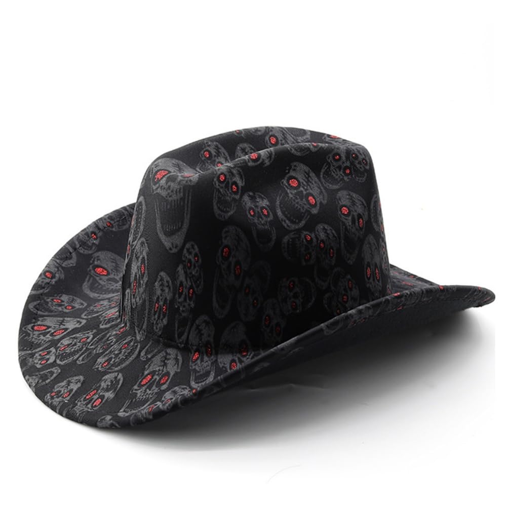 XGOPTS Halloween Cowboy Hat Dance Party Skull Hat Novelty Wide Brim Trilby Fedora Skull Cap for Men Women Fancy Dress Party Accessory for Halloween Cosplay Carnival Festival
