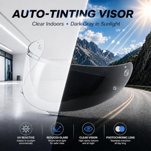 Image of PSLER Photochromic Shatterproof Motorcycle Helmet Visor for i90 HJ-33 | Impact-Resistant ,UV400 Protection, Motorcycle Tinted Face Shield for i90 HJ-33,Visor Replacement