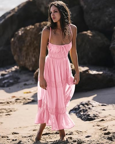 Image of VIUTIL Flowy Maxi Dress for Women Summer Cotton Backless Beach Long Dress with Pockets 2026