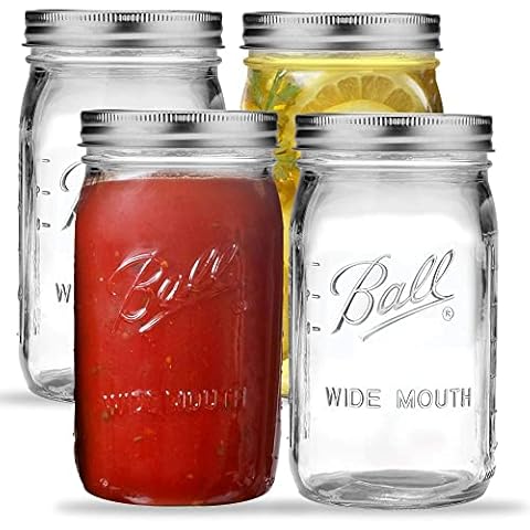 Wide Mouth Mason Jars 32 oz. (4 Pack) - Quart Size Jars with Airtight Lids and Bands for Canning, Fermenting, Pickling, or DIY Decors and Projects - Bundled with Jar Opener Cover