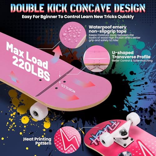 Image of Pro Complete Skateboards for Beginners Girls Boys Kids Youths Teens Adults 31 inchx8 inch Skate Boards 7 Layers Canadian Maple Double Kick Deck Concave Longboard