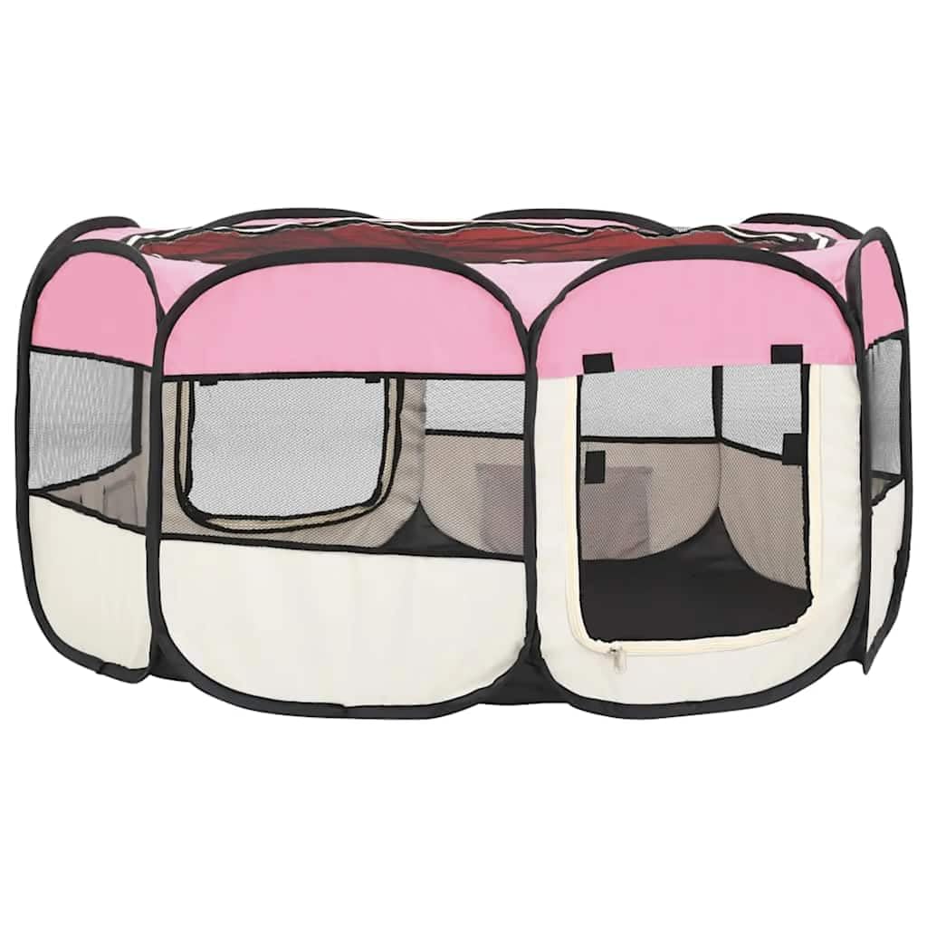 Welpenlaufstall faltbar für Hunde und Kleintiere, mobiler Tierlaufstall mit Tragetasche, Welpengitter Freigehege für drinnen und Reisen, Rosa und Creme, 145x145x61 cm
