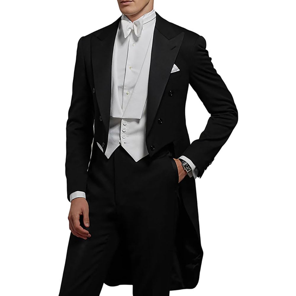 Mens Victorian Peak Lapel Tailcoat Vest Pants Tuxedo Set Wedding Dress Suit Set Morning Suits