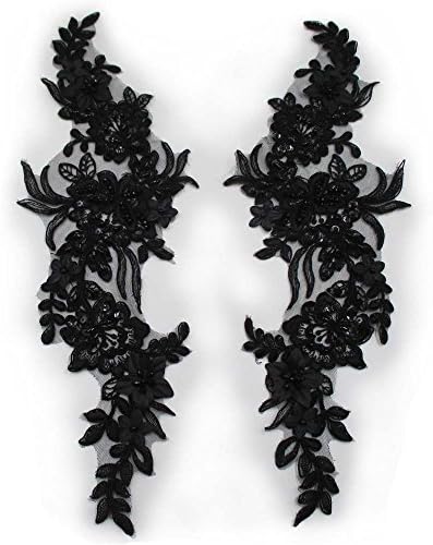 Trimscraft Sequin Beaded Appliques Pair Alencon Lace Flowers Pattern Rayon Embroidered on Mesh Backing for Lyrical Dance, Bridal, Ballet, Headpieces, Costumes PR 5"X15" Pack of 1 Pair (Black)
