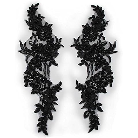 Trimscraft Sequin Beaded Appliques Pair Alencon Lace Flowers Pattern Rayon Embroidered on Mesh Backing for Lyrical Dance, Bridal, Ballet, Headpieces, Costumes PR 5"X15" Pack of 1 Pair (Black) Cover