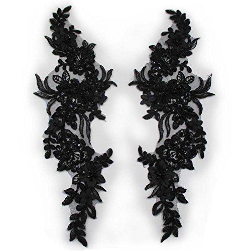 Trimscraft Sequin Beaded Appliques Pair Alencon Lace Flowers Pattern Rayon Embroidered On Mesh Backing For Lyrical Dance, Bridal, Ballet, Headpieces, Costumes Pr 5"X15" Pack Of 1 Pair (Black) #TOP3
