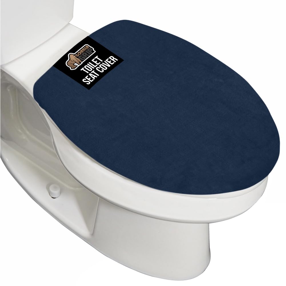 GORILLA GRIP Thick Memory Foam Bathroom Toilet Lid Seat Cover, Soft Velvet Topside, Machine Wash, Plush Cushioned Covers Fits Most Size Lids, Decorative Bath Room Accessories, 19.5x18.5, Navy Blue