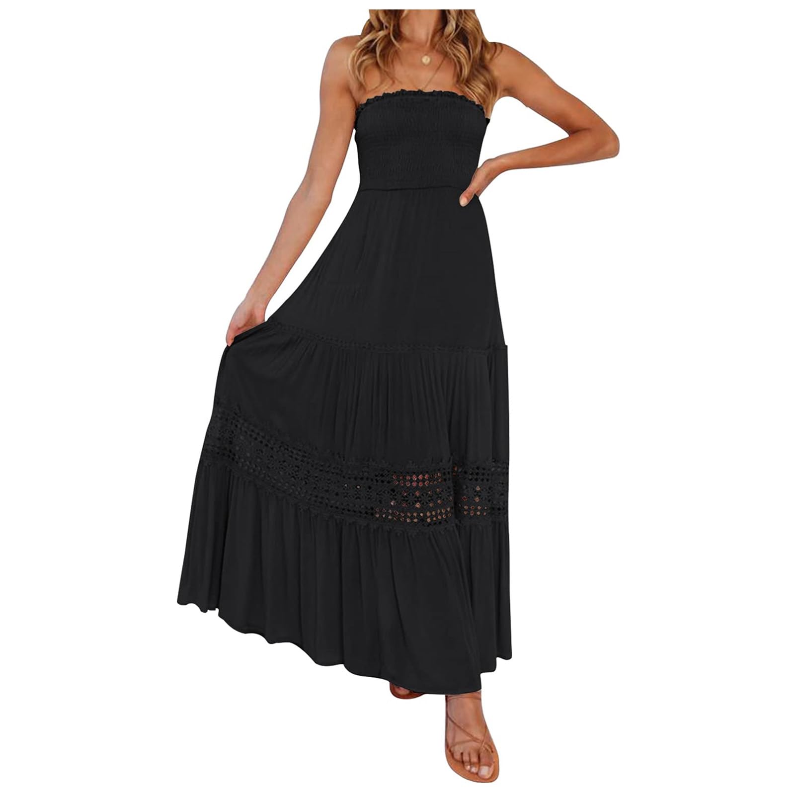Women's Strapless Maxi Dress Summer Dresses for Women Prom Dress Wedding Guest Dresses Sundresses Vintage Swing Dress Medium Black