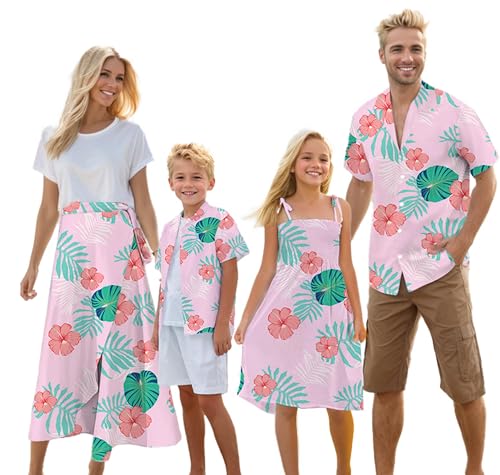 Image of Cromoncent Matching Hawaiian Outfits for Family, Dad and Son Matching Luau Beach Tropical Shirts Mommy Daughter Tropical Sets