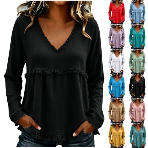 Boho Tops for Women V Neck Fringe Trim Long Sleeve Blouse Relaxed Fit Casual Fall Western Peasant Shirt Tunic Top Boho Blouses for Women Black S - image 1